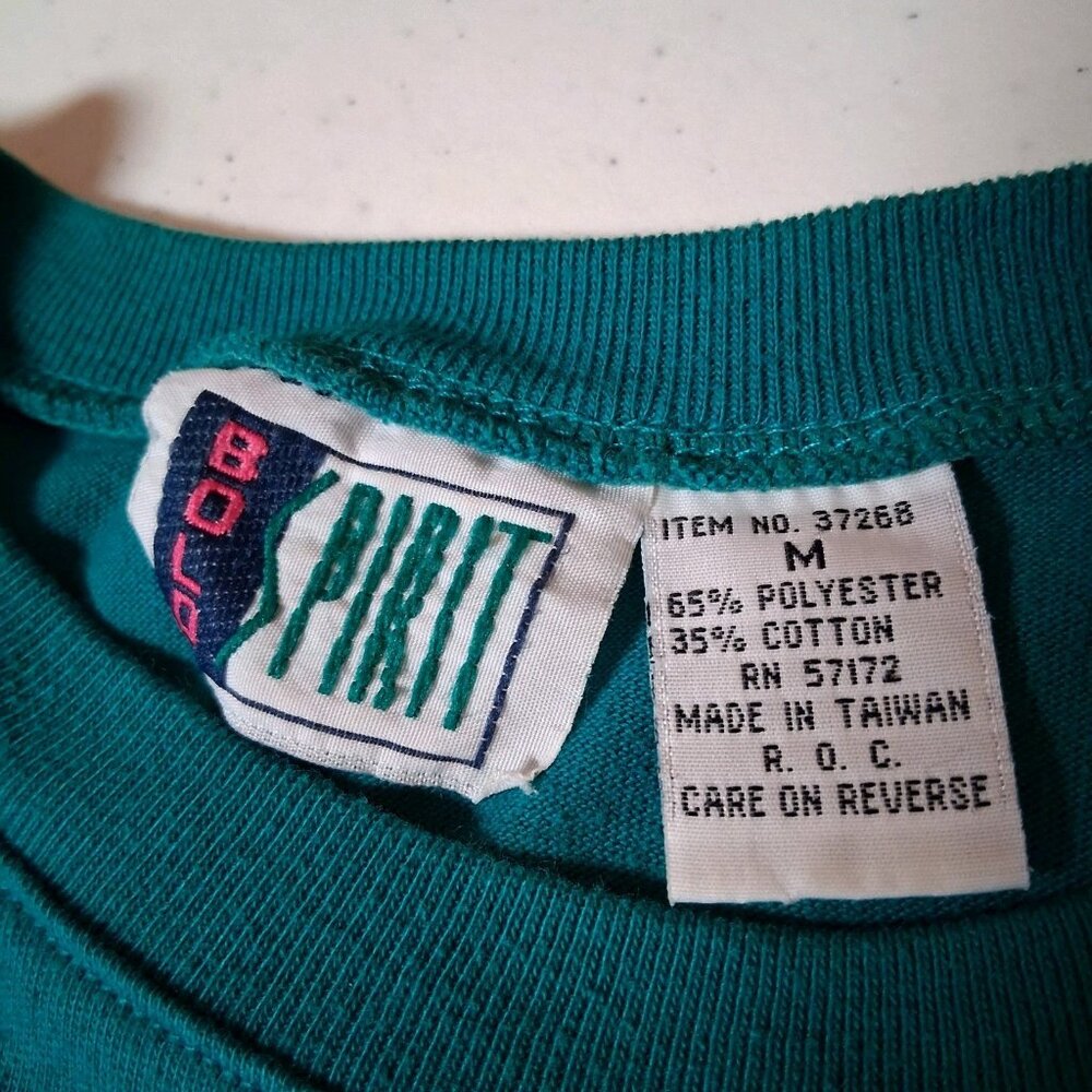 Vintage 1990s Bold Spirit Shirt Women Medium Turquoise Gold Sun Patch Celestial - Picture 7 of 13